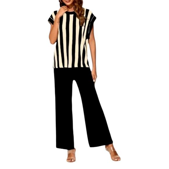 Commense Dresses & Skirts - Commense Women's Medium Black White Striped Sweater Vest Knit Wide Leg Pants